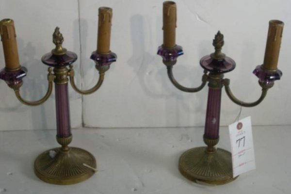 Pair of bronze and amethyst glass 2 light candel