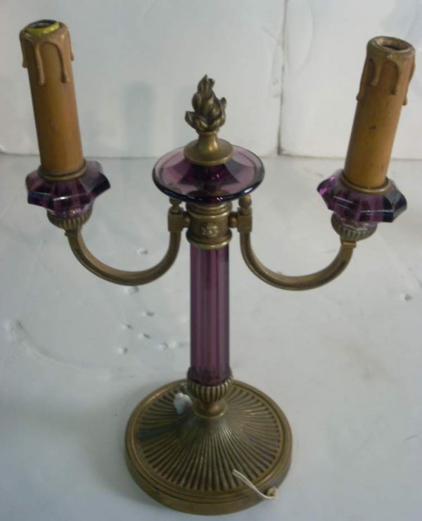Pair of bronze and amethyst glass 2 light candel - 2