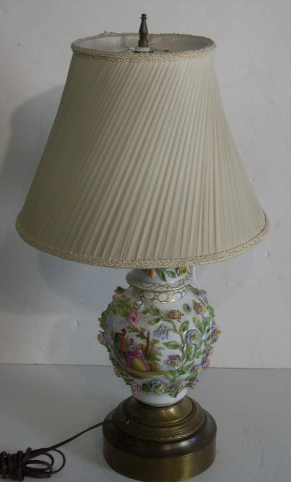 Dresden style table lamp with applied floral dec