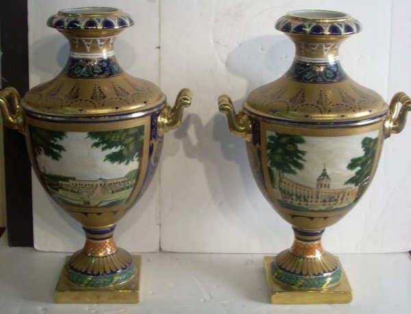 Pr Sevres style urns, Russian Palace scenes with