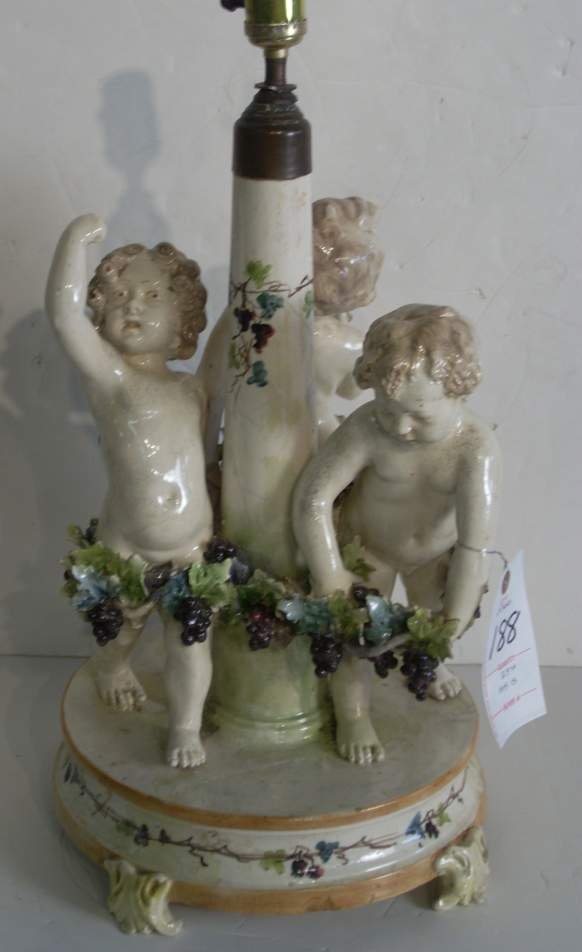 Figural Majolica table lamp, cherubs with grape