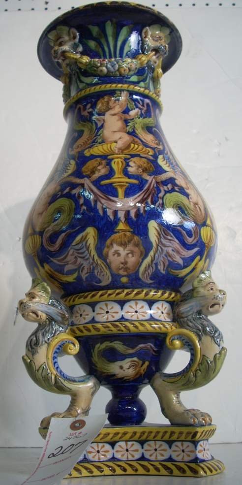 Majolica urn with lions heads and fruit garlands - 2