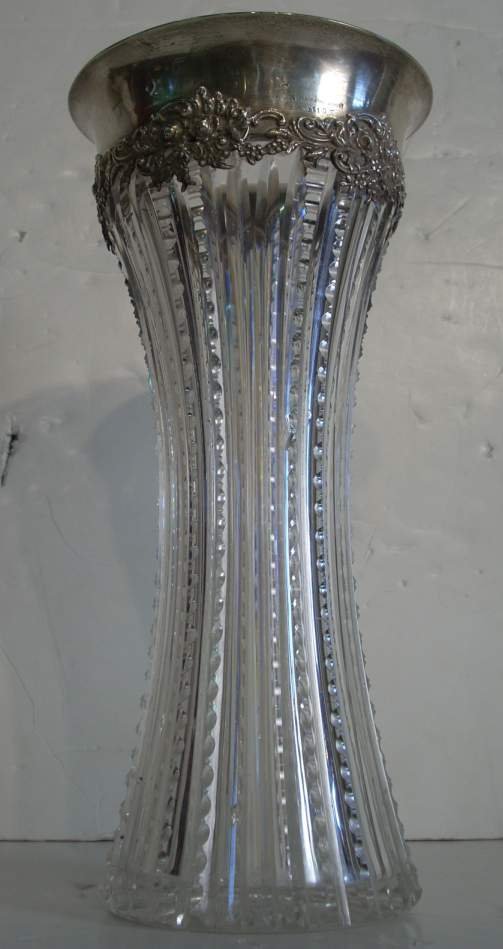 Sterling silver and cut crystal vase, rim marked
