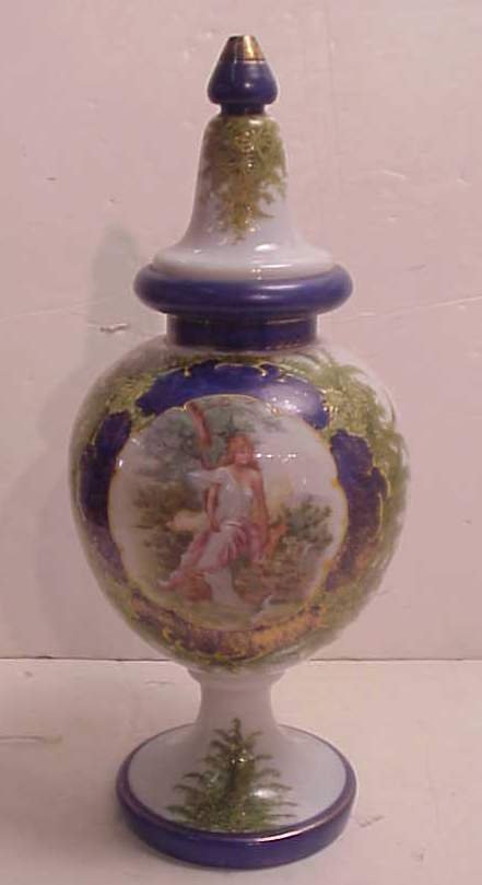Victorian large milk glass jar handpainted with la