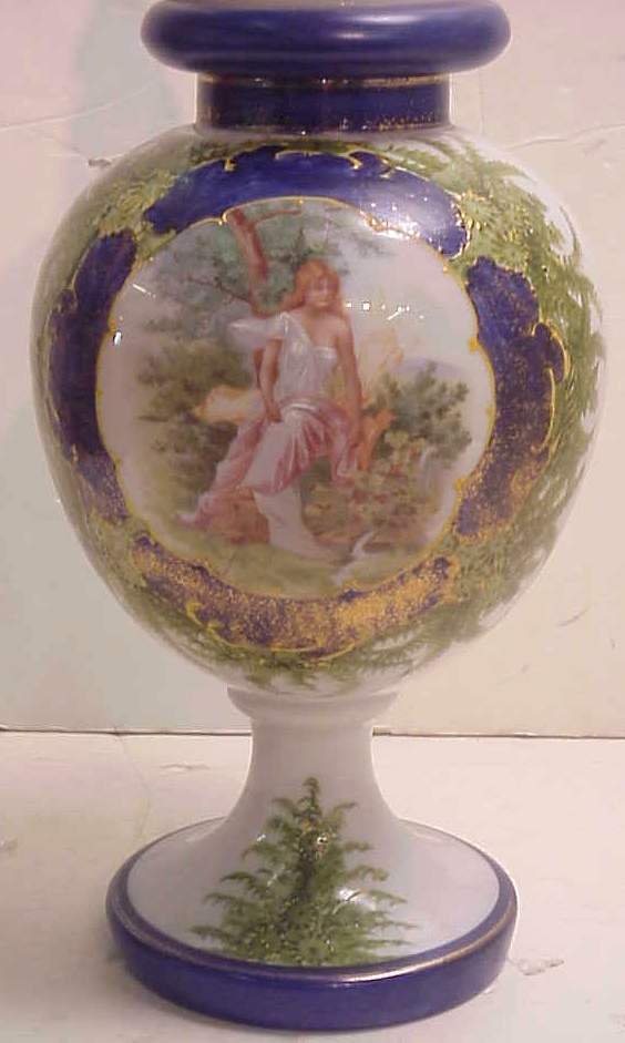Victorian large milk glass jar handpainted with la - 2