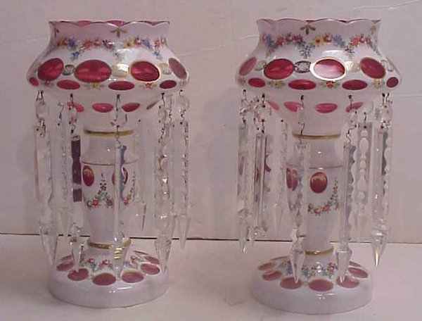 Pair of Czech cranberry cased enameled glass luste