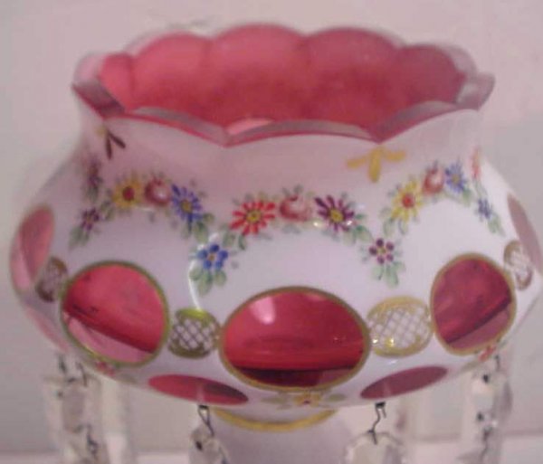Pair of Czech cranberry cased enameled glass luste - 2