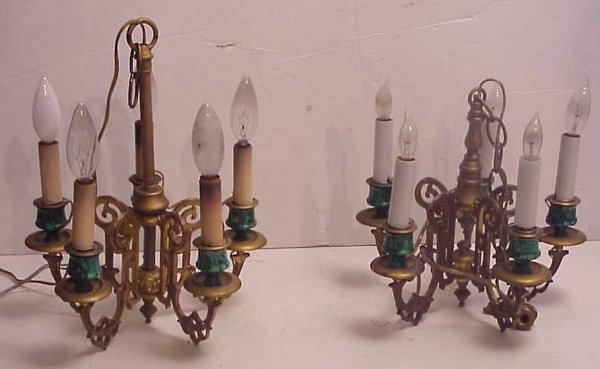 Pair of bronze and malachite mosaic 5 light chande