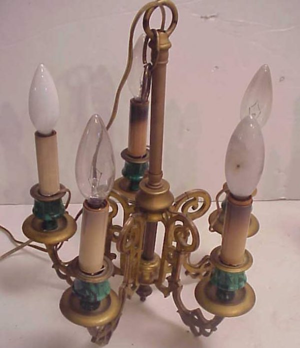 Pair of bronze and malachite mosaic 5 light chande - 2