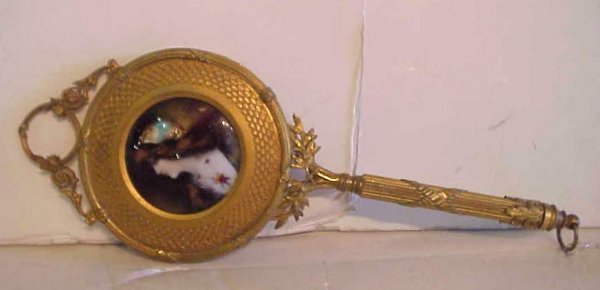 Gilt bronze hand mirror with inset enamel plaque o