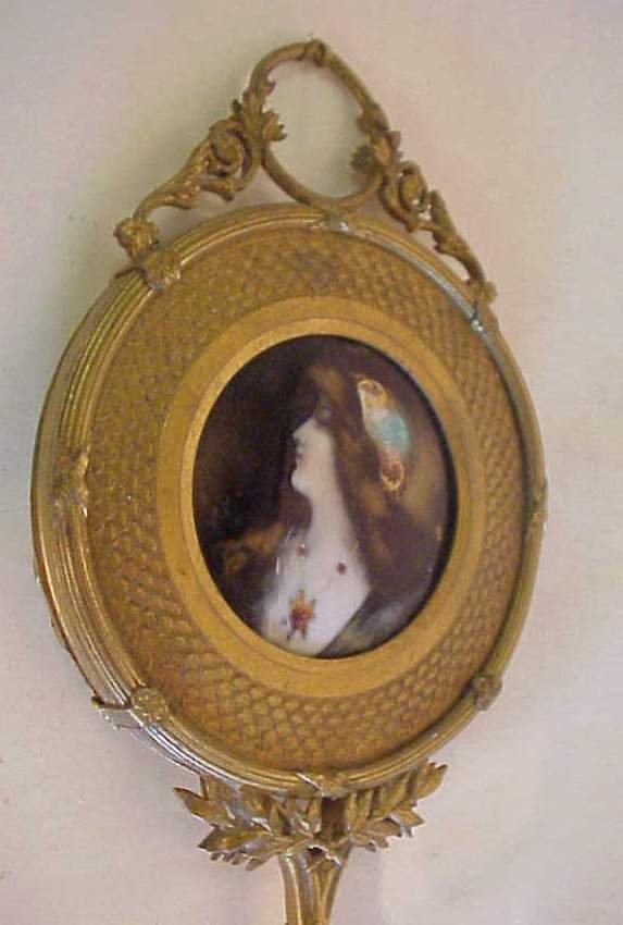 Gilt bronze hand mirror with inset enamel plaque o - 2