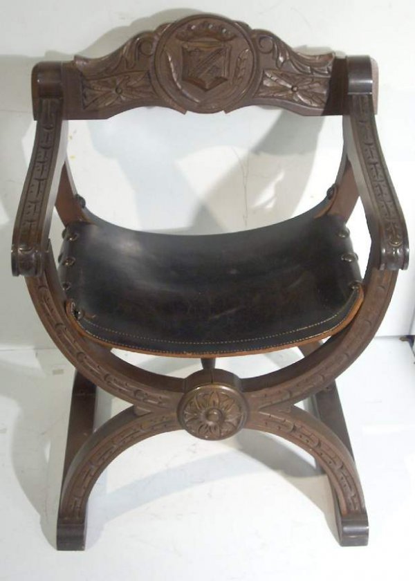 19/20th c walnut and leather savonarla chair, 30"