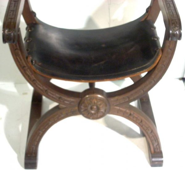 19/20th c walnut and leather savonarla chair, 30" - 2