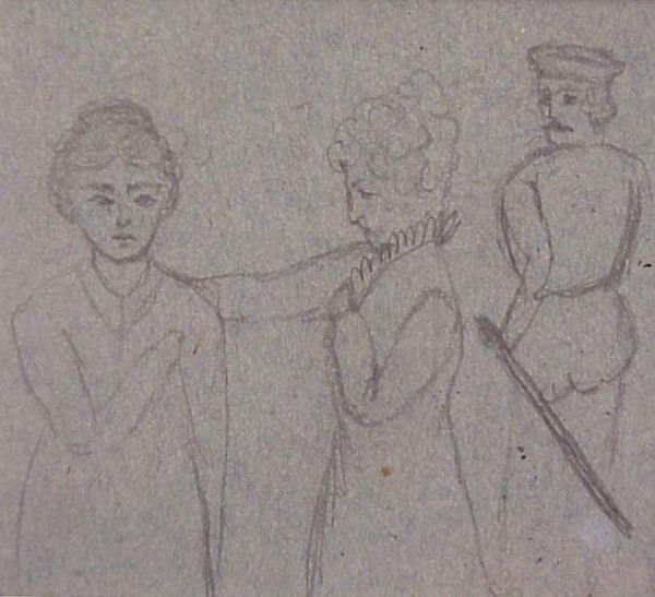 William M. Harnett (1851-1892 USA) Two women with: William M. Harnett (1851-1892 USA) Two women with aristocrat, pencil on paper, 2 1/8" x 2 3/8", unsigned, matted and framed 9 1/2" x 9 3/4", provenance: Estate of David Frankenstein, LaJolla Museum of