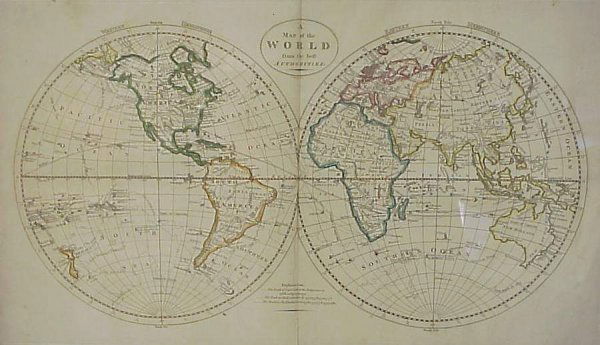 Mathew Carey (19th c.mapmaker) "A Map of the Worl: Mathew Carey (19th c.mapmaker) "A Map of the World from the best Authorities," hand colored copper engraving, ca. 1818, 12"x 21," framed 25"x 34," label verso, Shows the track of Captain Cooks voyages