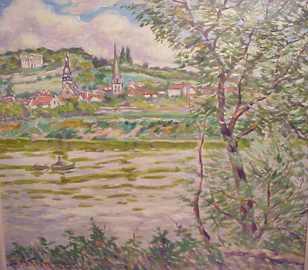 Hugo Melville Fisher (1878-1946 Calif.) "Summer o: Hugo Melville Fisher (1878-1946 Calif.) "Summer on the Seine-Limay" oil on canvas, 26" x 28", signed, framed 33" x 36"