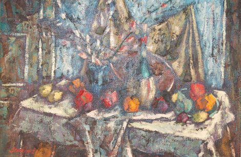 Harry Shoulberg (1903- ?, NY, NY) Still Life, oil: Harry Shoulberg (1903- ?, NY, NY) Still Life, oil on canvas, signed lower left, 24" x 36", framed 32" x 44", Painters and Sculptors society of America label verso