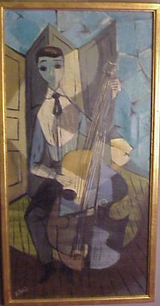 Nicholas Takis (1903-1965, NY, NY) Cubist man wit: Nicholas Takis (1903-1965, NY, NY) Cubist man with cello, oil on canvas, signed lower left, 30" x 15", framed 31" x 16"