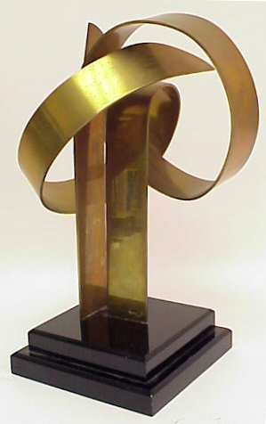 Hivo G. Van Teal ( 20th cent., Amer.) Abstract s: Hivo G. Van Teal ( 20th cent., Amer.) Abstract sculpture, lacquered brass & black acrylic base, with etched signature. 14"h ,base is 7" sq.( overall very good condition)