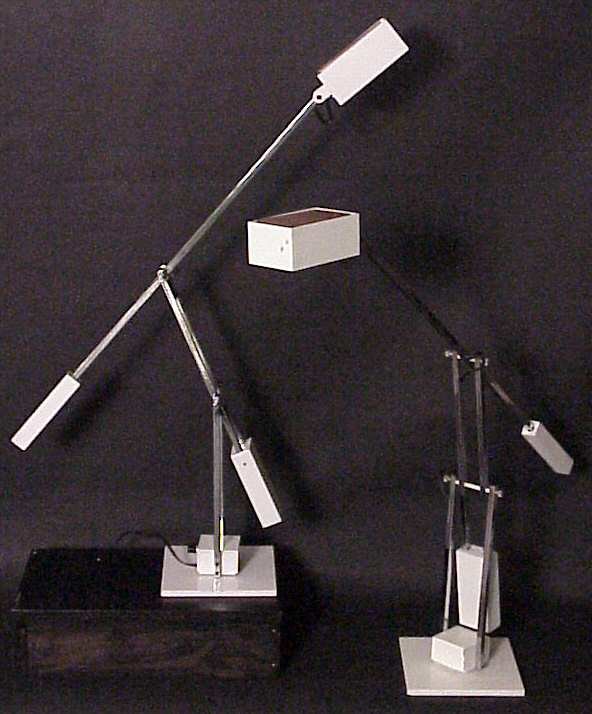 Kovacs,pair of Hi-tech task lamps, polished chro: Kovacs,pair of Hi-tech task lamps, polished chrome, color sprayed metal.Lamps tilt & swivel & have a dimmer switch. 35"h x 28"w.(some oxidation to chrome & minor paint loss)