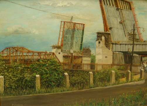 Herbert Meyer (1882-1960, VT) "Progress", WPA st: Herbert Meyer (1882-1960, VT) "Progress", WPA style drawbridge scene, oil on masonite, signed lower right, titled lower left, 16" x 21 3/4", framed 18 1/2" x 24 1/4"