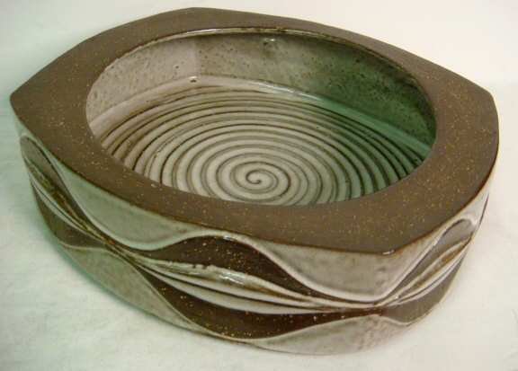 Michael Andersen & Sons stone ware pottery bowl,: Michael Andersen & Sons stone ware pottery bowl, paper label and foil label, #6327/3, 3 1/4"h, 11" x 9 3/4", no chips or cracks