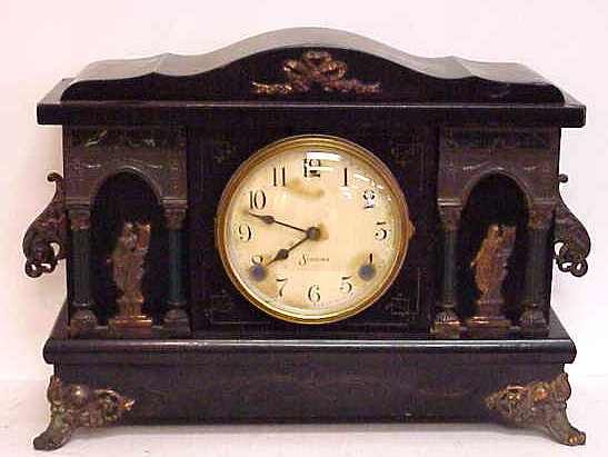 VICTORIAN SESSIONS SLATE MANTLE CLOCK WITH NEOC: VICTORIAN SESSIONS SLATE MANTLE CLOCK WITH NEOCLASSICAL FIGURES.