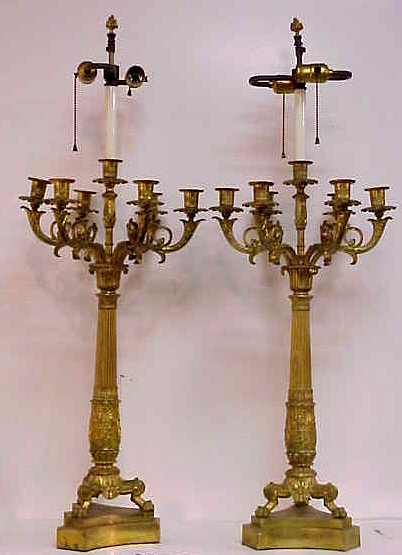 A PAIR OF EMPIRE STYLE DORE BRONZE SIX LIGHT CA