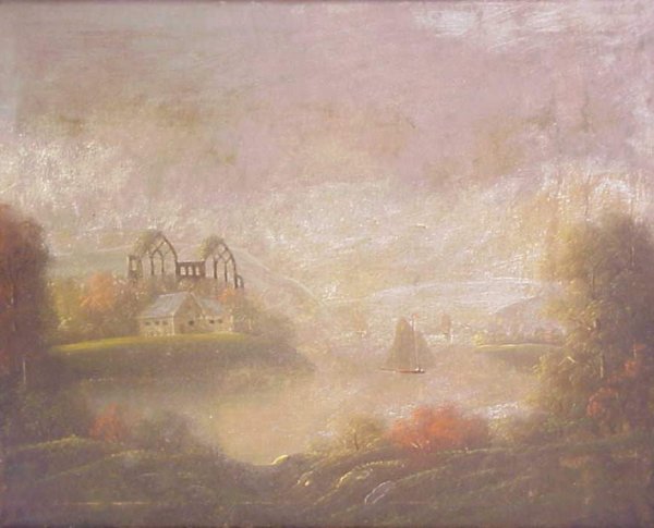 19thc Hudson River School landscape with sailboat,