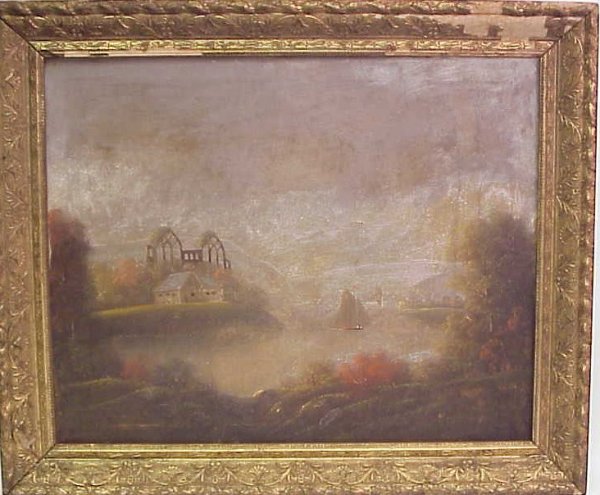 19thc Hudson River School landscape with sailboat, - 2