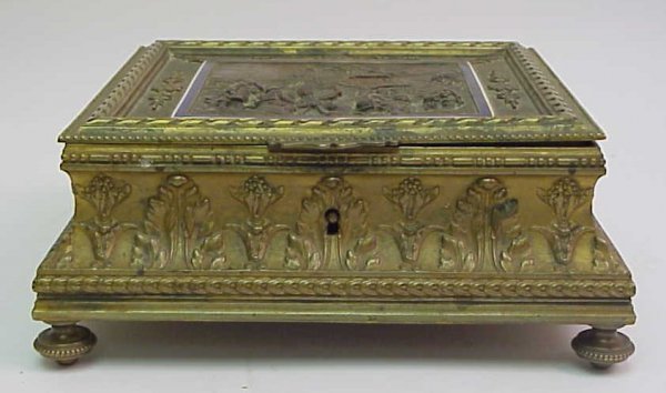 Bronze scenic relief footed jewel box with blue an - 4