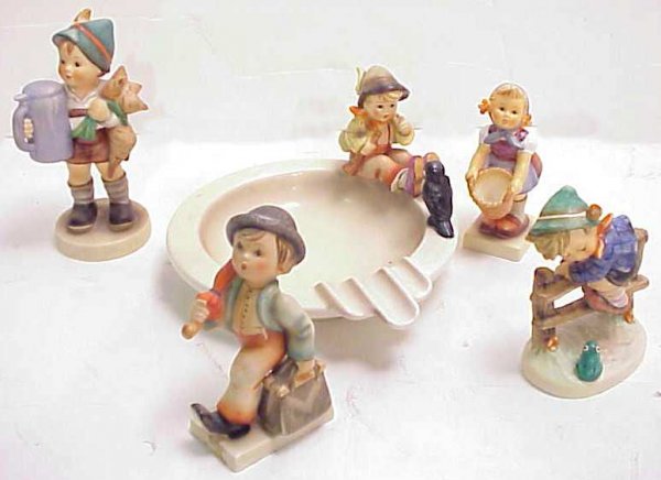 4 Hummel figurines and a Hummel ashtray