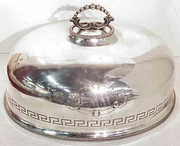 English silver plate food dome with Greek Key desi