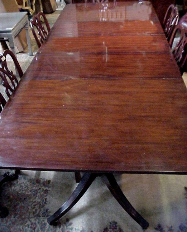 Baker Duncan Phyfe style double pedestal dining ta: Baker Duncan Phyfe style double pedestal dining table, 121" w with 3 leaves, 46"d, 68.5" without leaves, mid 20thc