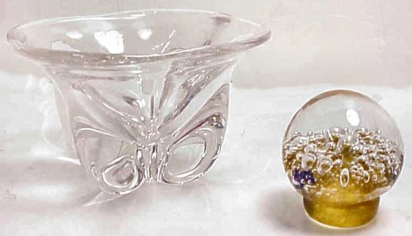 Signed glass paperweight and a small art glass bowl