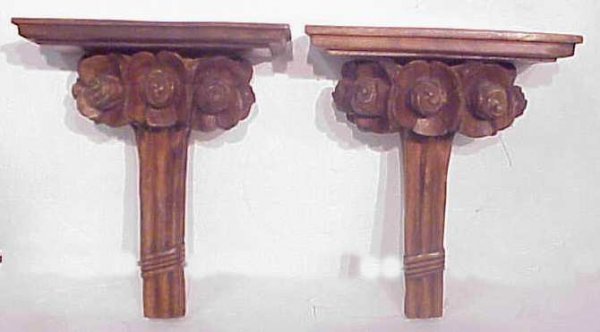 Pair of wall shelf brackets carved with roses, 14"