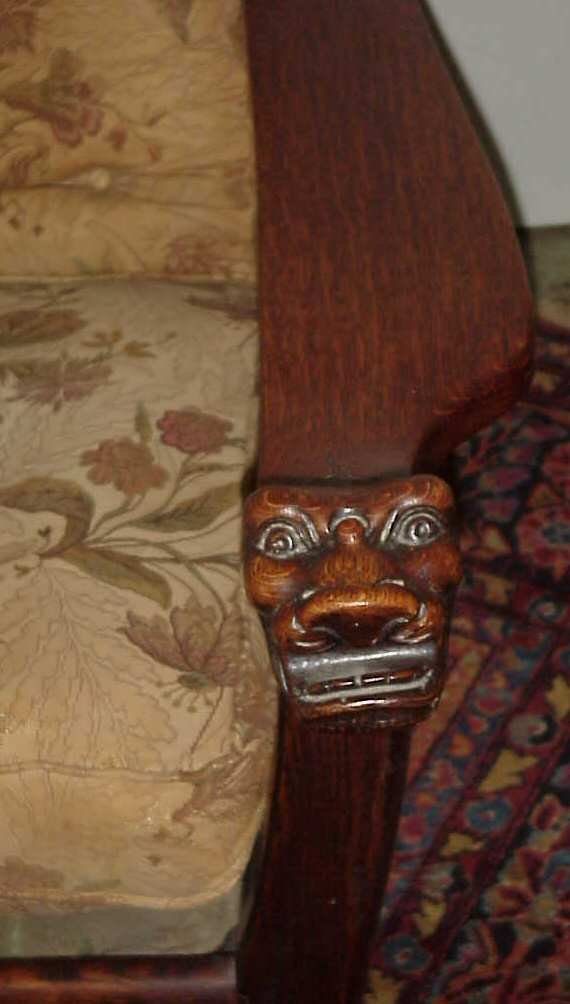Victorian oak Morris chair with lion heads, claw f - 3