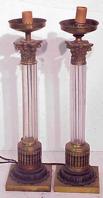 Pair of Empire style glass column table lamps,