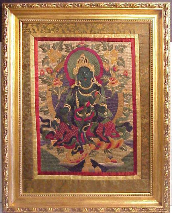 Fine embroidered silk Thangka of Green Tara, Godd - 2