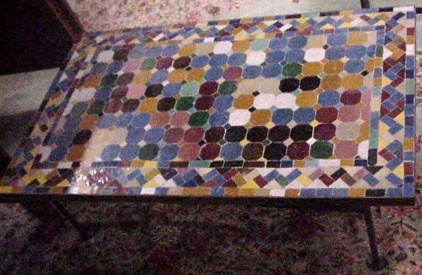 Mosaic top iron base coffee table, 50's, 16"h x 4