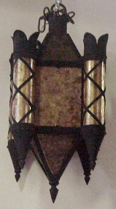 Pair of Arts & Crafts mica and tin five light han