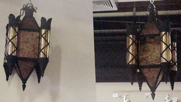 Pair of Arts & Crafts mica and tin five light han - 2