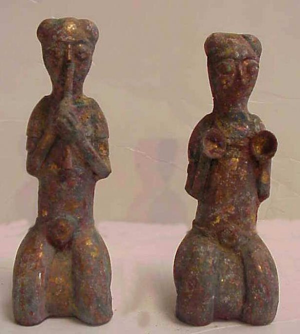 Pair of Chinese antique musicians, bronze with gi