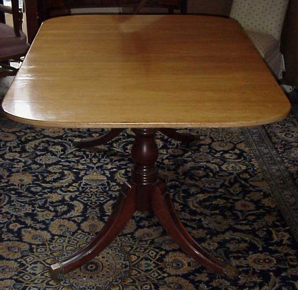 Duncan Phyfe style double pedestal mahogany dinin: Duncan Phyfe style double pedestal mahogany dining table 60"w x 42"d, opens to 96" with 3 12" leaves, top has been sun bleached, early/mid 20thc