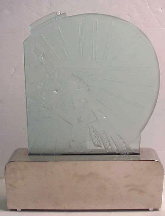 Style of Dennis Abbe lighted glass and chrome s: Style of Dennis Abbe lighted glass and chrome sculpture, 21 1/2"h, some chips to glass