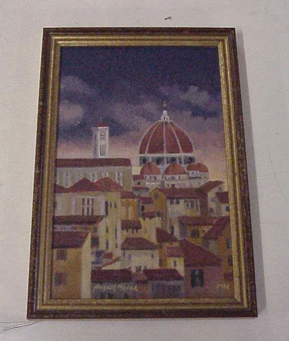 August Mosca (1909- , Shelter Island) "Duomo at: August Mosca (1909- , Shelter Island) "Duomo at night - Firenze", oil on canvas mounted on plywood, signed lower left, 11 3/4" x 7 1/2", framed 13" x 8 3/4", titled on August Mosca label verso