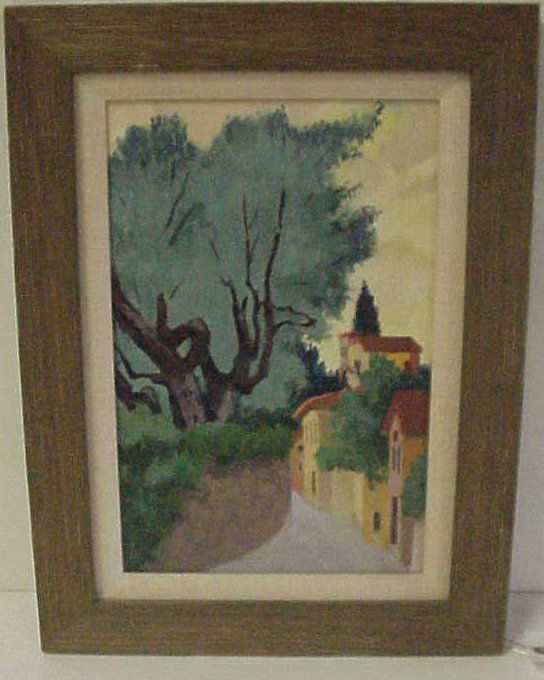 August Mosca (1909- , Shelter Island) "Olive Tree: August Mosca (1909- , Shelter Island) "Olive Trees and Houses Florence", oil on canvas mounted on plywood, signed lower right, Albert Mosca label verso, 12" x 8", framed 16" x 12"