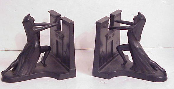 Pair of Frankart Egyptian figural bookends as fo: Pair of Frankart Egyptian figural bookends as found 6 1/4"h x 6 1/2"w x 5 1/2"d, unmarked, hands broken off of one