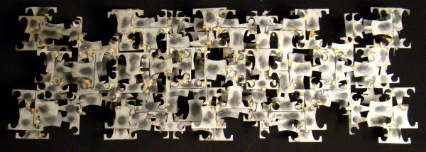 Marc Creates abstract wall hanging, brazed & wel: Marc Creates abstract wall hanging, brazed & welded metal, signed on back.16 1/4'h x 47 1/4"w x 3"d (minor bends ,no breaks to welds)