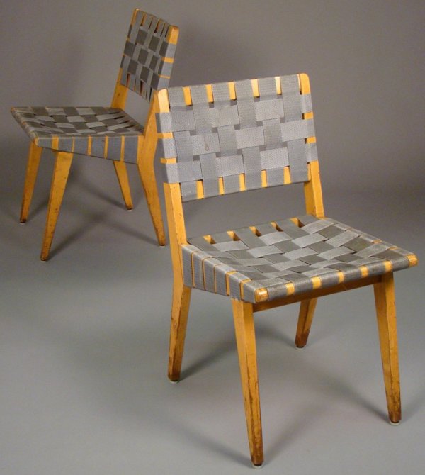 Pair of Jens Rissom side chairs, blue webbed uph